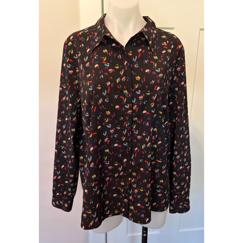 CABI Womens Button Ferris Confetti TOP Long Sleeve BLACK Multi #3423 Size L